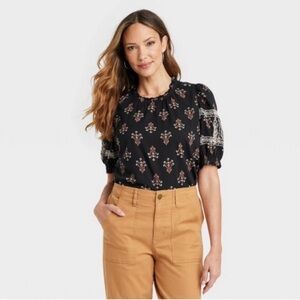 Knox Rose Black Puff Sleeve Floral Print Blouse